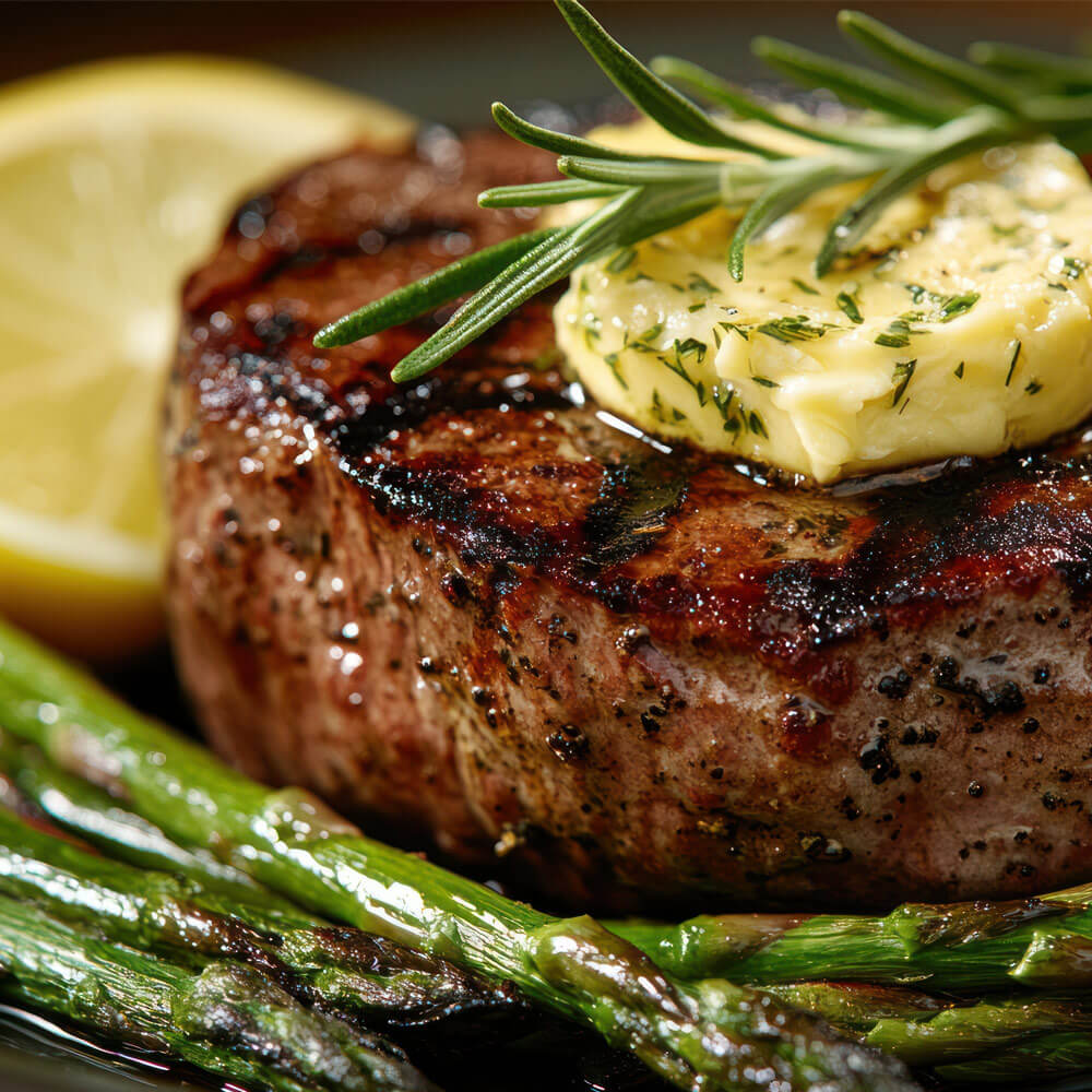 Ein saftiges, gegrilltes Rinder-Steak, serviert auf einem dunklen Teller mit einem Stück Kräuterbutter, frischem Rosmarin und gegrilltem grünem Spargel.